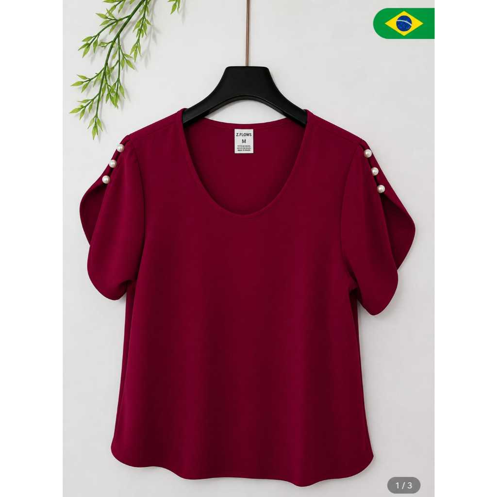 Blusa Feminina Manga Curta com Botões Dourados no Ombro Decote Redondo Elegante Casual