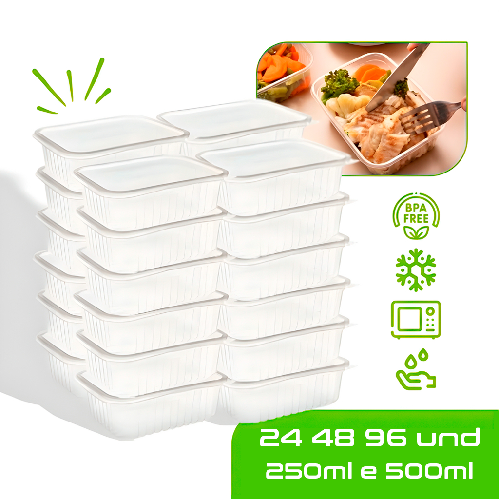 Imagem Marmitas Fit Pote Descartável Retangular Plástico Freezer Microondas com Tampas