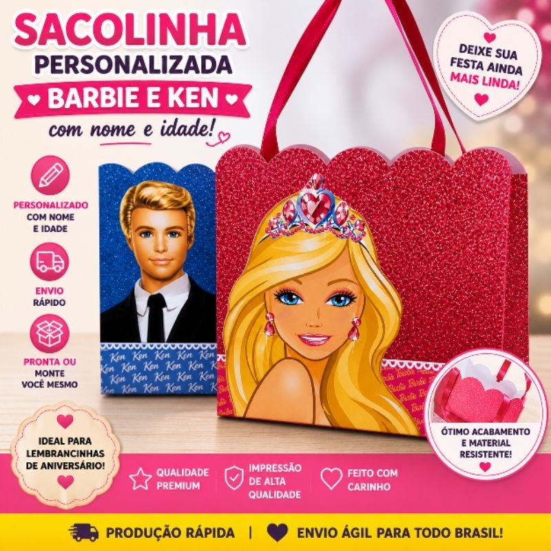 Sacolinha Personalizada Barbie e Ken | Lembrancinha Aniversário | Lancheirinha  Barbie/ Bolcinha barbie.