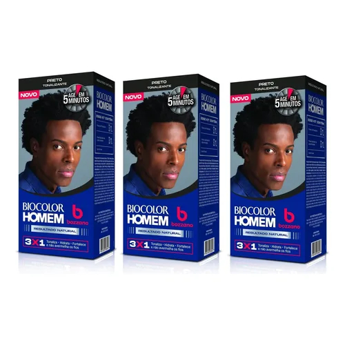 KIT COM 3 TONALIZANTE BIOCOLOR HOMEM BOZZANO PRETO
