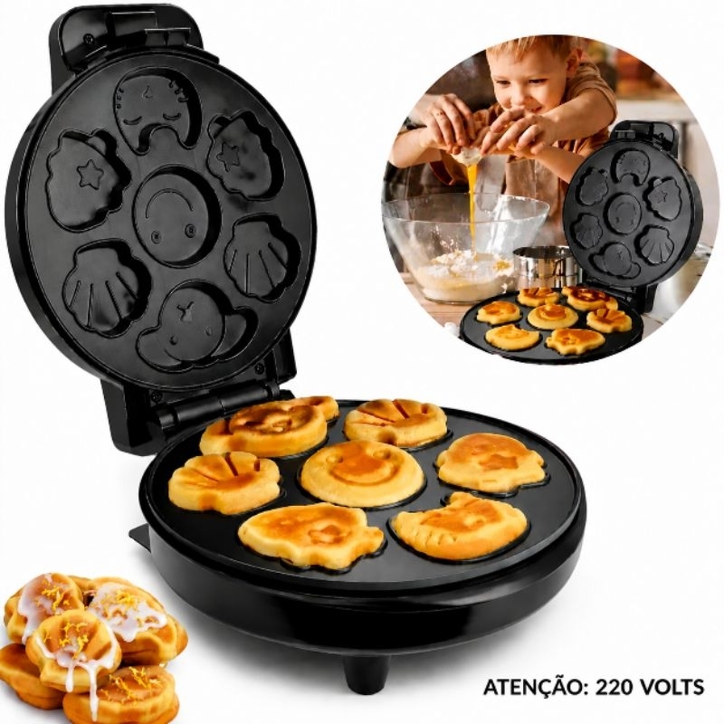 Máquina Elétrica de fazer Mini Bolinhos ou Wafle 220 volts Waffle Kids 7 Formatos Bichinhos Divertidos Mini Cake Wafle