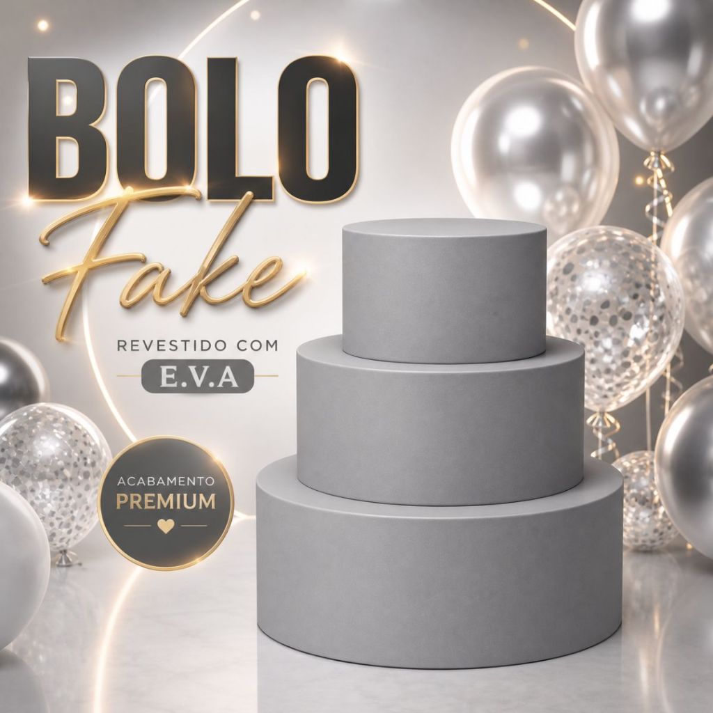 Bolo Fake Profissional Revestido de EVA Cinza Sem Emenda 3 Andares Artigos de Festa e Casamento