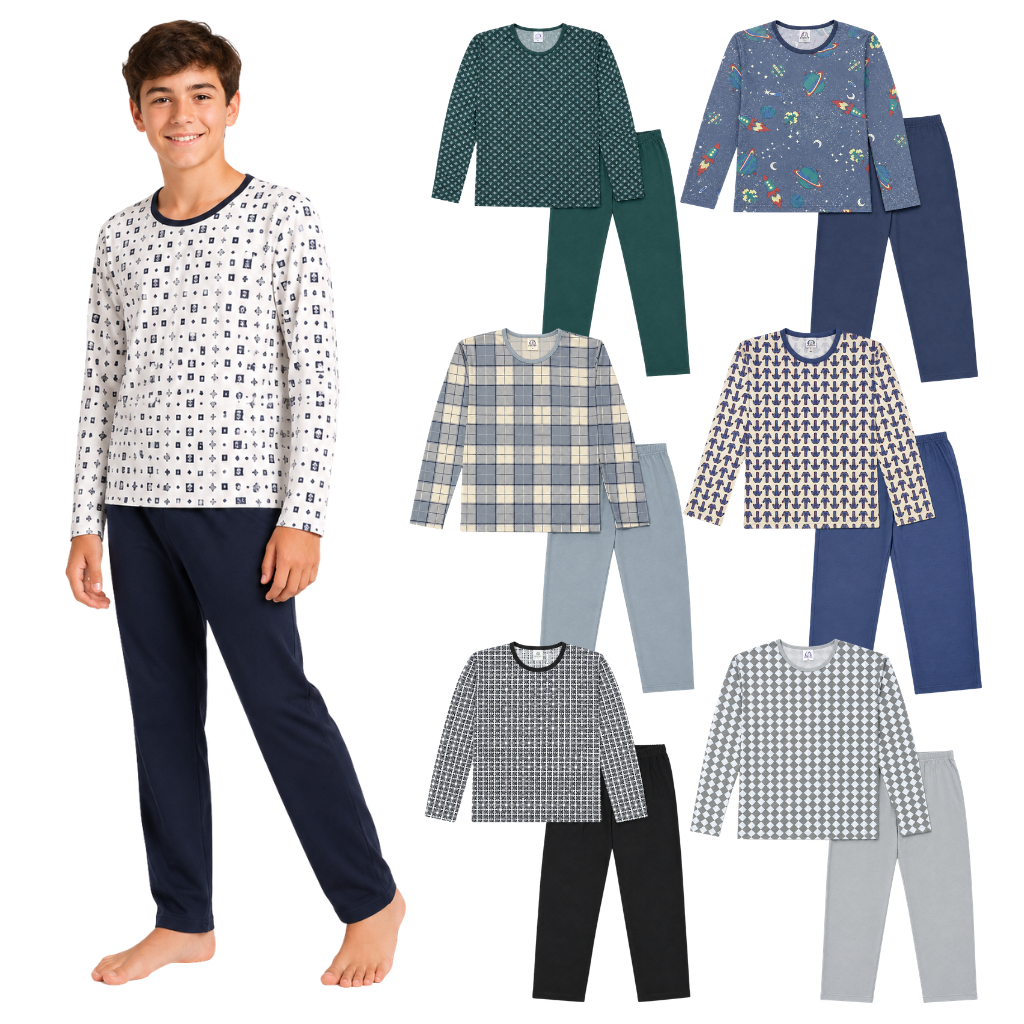 Kit 2 Pijamas Longo Juvenil Masculino Manga Comprida Estampa Sortida 10 ao 16