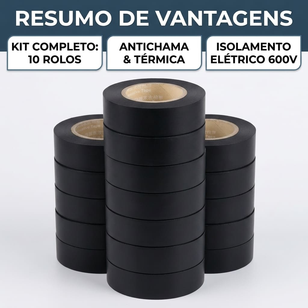 Fita Isolante Preta Antichama 9 Metros - Rolo PVC 600V para Fios e Cabos Elétricos (1 a 10 Unidades)