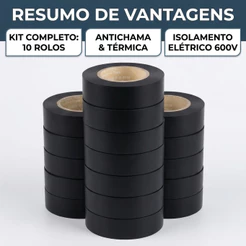 Fita Isolante Preta Antichama 9 Metros - Rolo PVC 600V para Fios e Cabos Elétricos (1 a 10 Unidades)