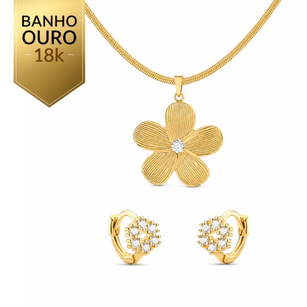 Conjunto Semijoia Banhada a Ouro 18K com Zircônia Colar e Brinco – Joia para Presente - Namorada - Esposa
