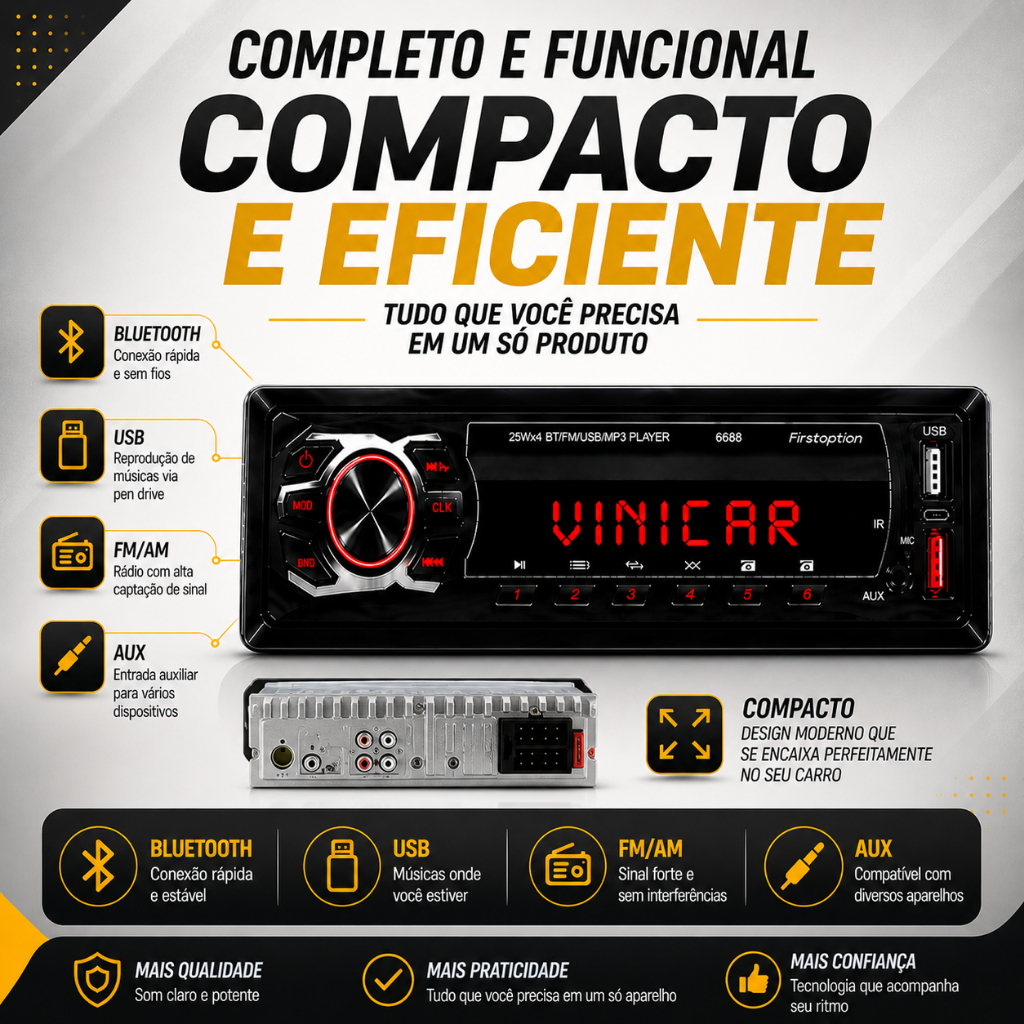 Radio Automotivo Bluetooth Toca Som Carro 2 Usb Pen Drive