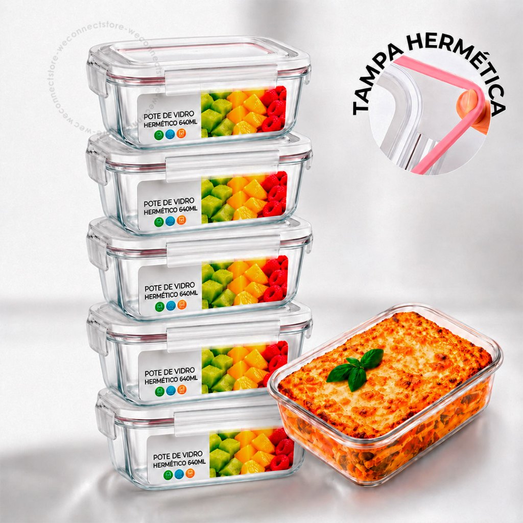 Conjunto 5 Potes Vidro Hermético 640ml Mantimentos Retangular Marmita Fit Com Tampa 4 Travas Armazenar