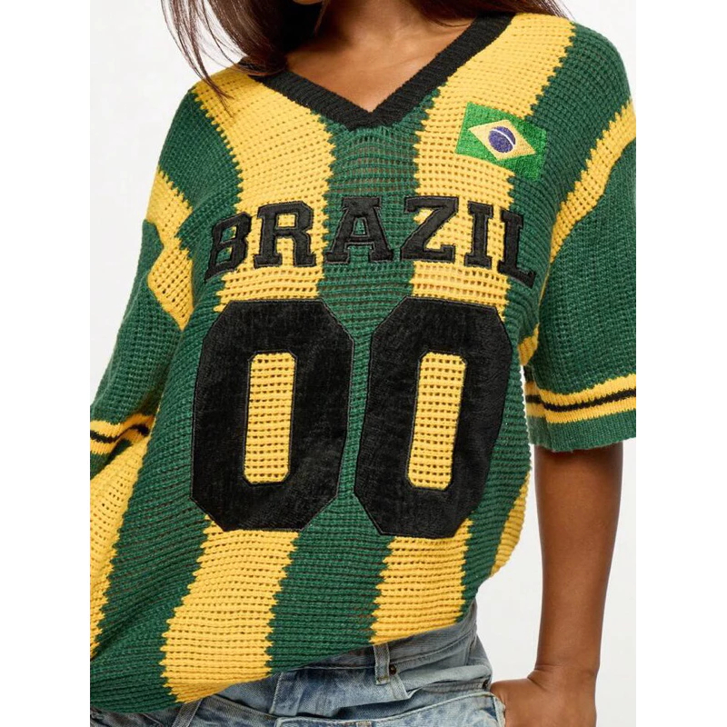 Blusa do Brasil Crochê Camisa Copa do Mundo Seleção Brasileira Bordada Oversized PP ao Plus Size Verde Amarelo COP03