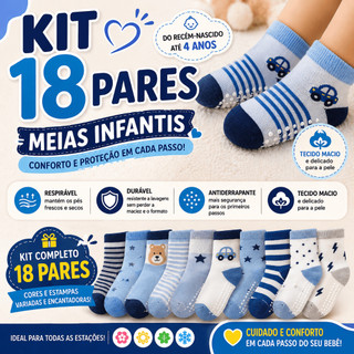 Kit até 18 Pares Meias Bebê Menino Antiderrapantes Algodão Confortáveis 0–24 Meses Recém Nascido