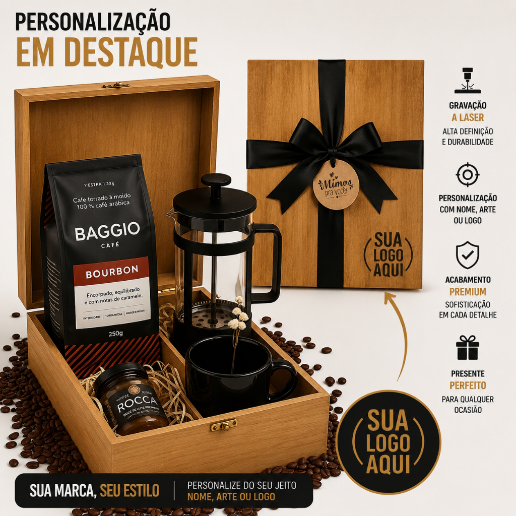 Cesta Café Gourmet Baggio – Kit Presente Premium. Estojo em Madeira - PERSONALIZE COM NOME OU LOGO!