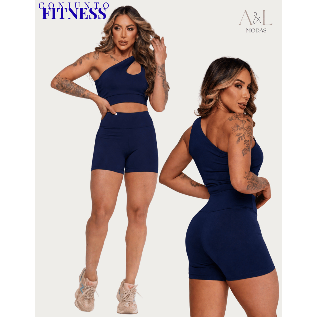 Conjunto Esportivo Short Cós Alto Legging + Top Gota Ombro Único Suplex Feminino Academia Crossfit Treino Moda Verão