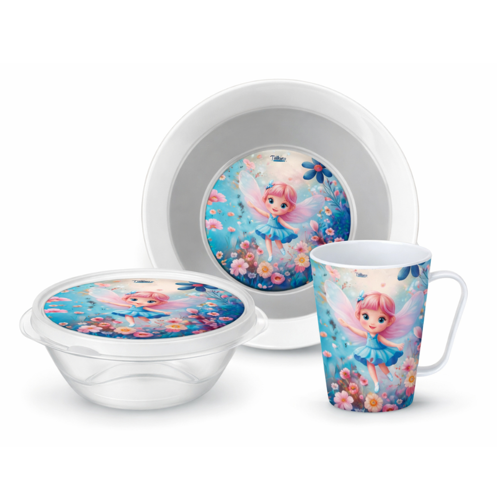 Kit Escolar Fada Baby Rosa Delicado 3 Peças Caneca Prato Pote