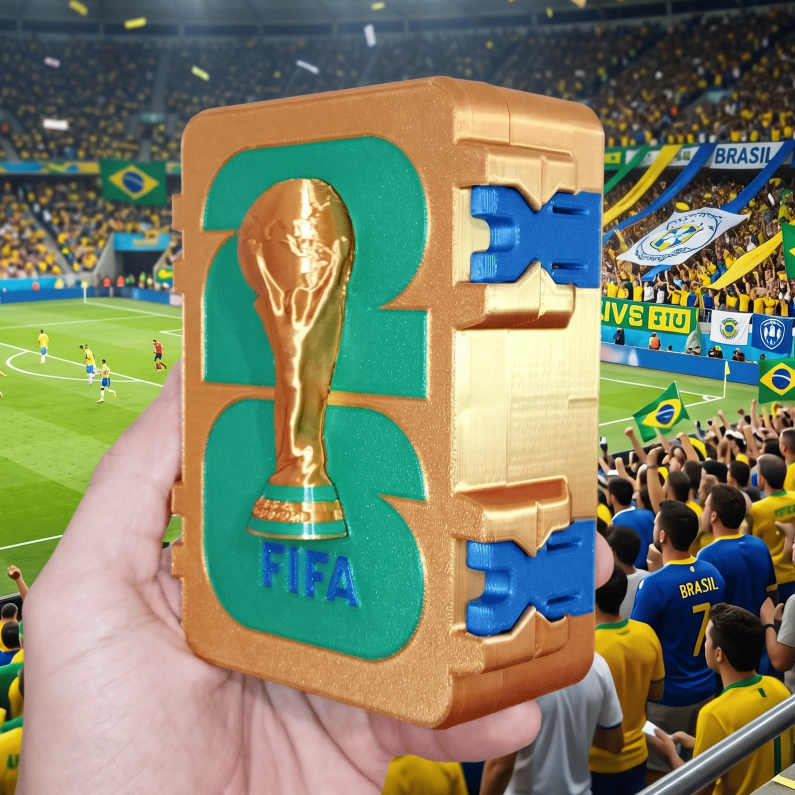 Porta Figurinha Dourada Copa do Mundo 2026 com Troféu Dourado em Cores Vibrantes Colecionáveis