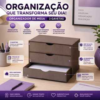 Gaveteiro MDF 3 Gavetas Organizador Mesa Escritório Papelaria Decoração