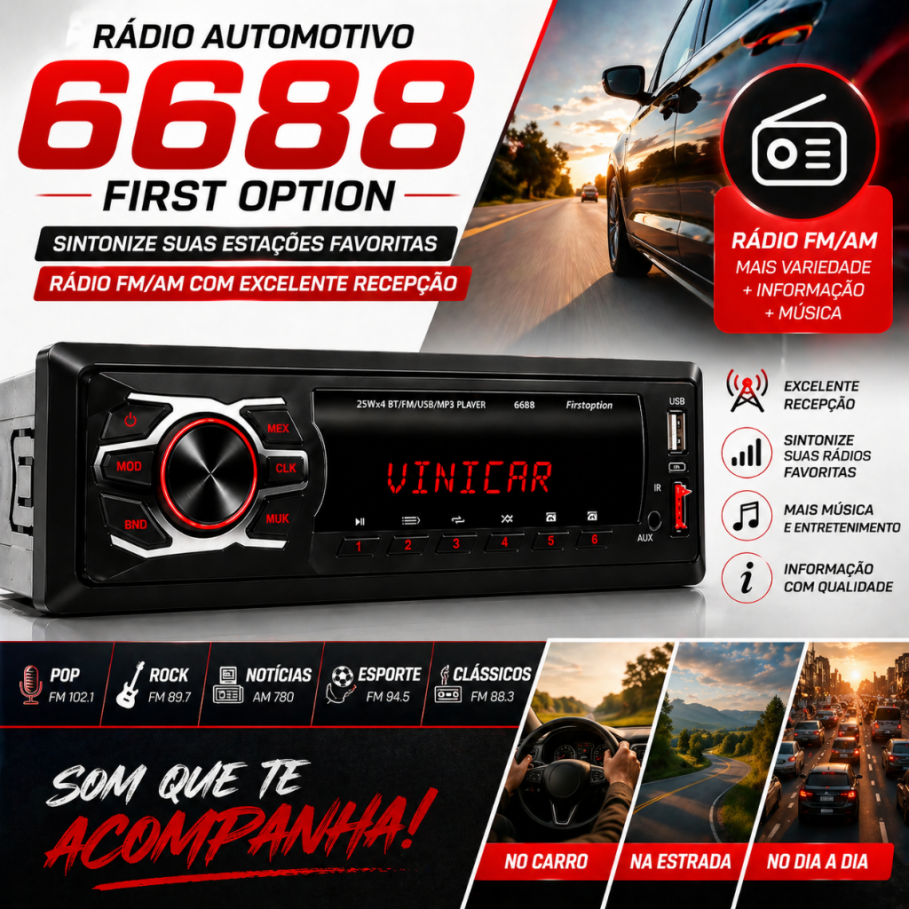 MP3 Player First Option 6688 Som Automotivo Radio Bluetooth 25W FM USB Pen Drive BT Carro