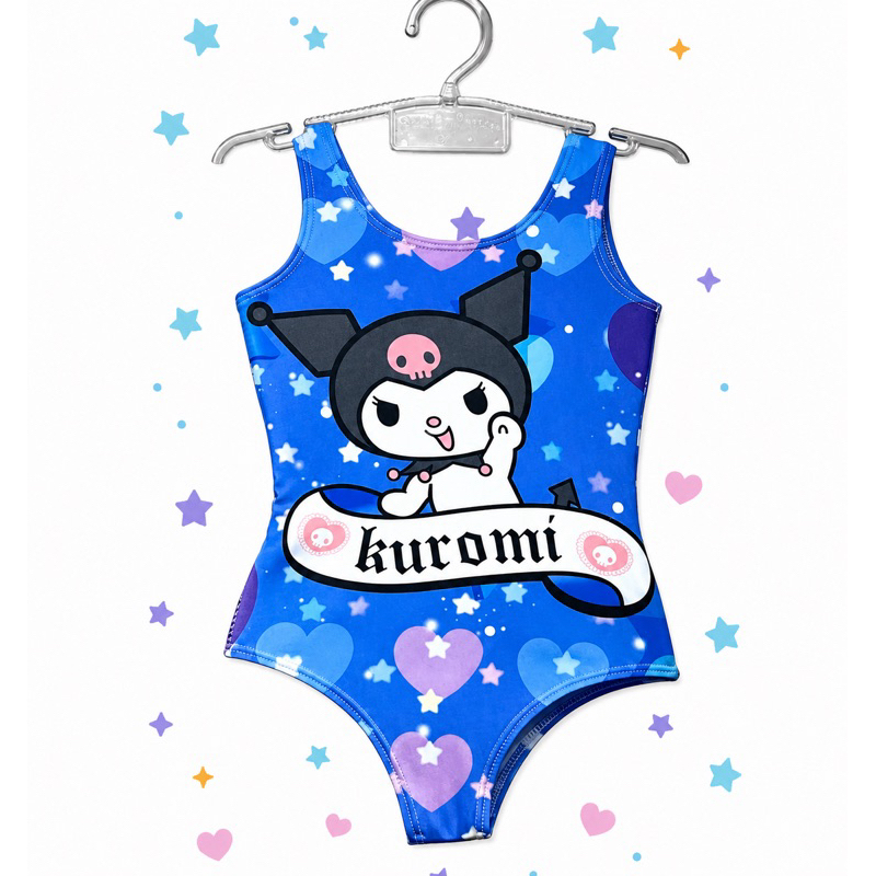 Maiô Infantil Feminino Estampado Kuromi Azul Moda Praia Menina 2 ao 10
