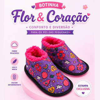 Pantufa BOTINHA feminina peluciada quentinha - Flor/Coração - Senza Spina pantufa infantil