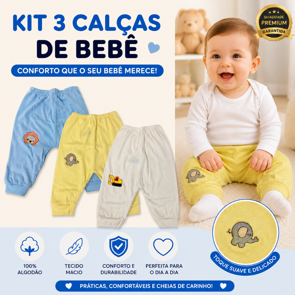 Kit com 3 Calças Premium Tipo Mijão Liso Bebê Sem Pé Enxoval