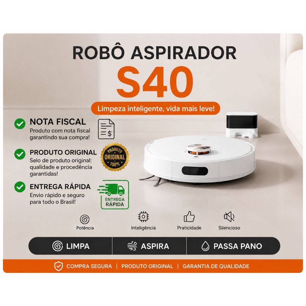 Robô Aspirador Xiaomi S40,10000Pa Wi-fi,Bivolt,3em1 Varre,Aspira,Passa Pano ,Original,Chega Rapido