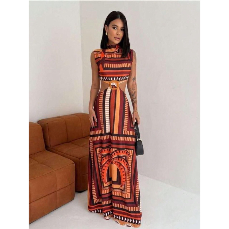 Vestido longo feminino com estampa floral e sem mangas