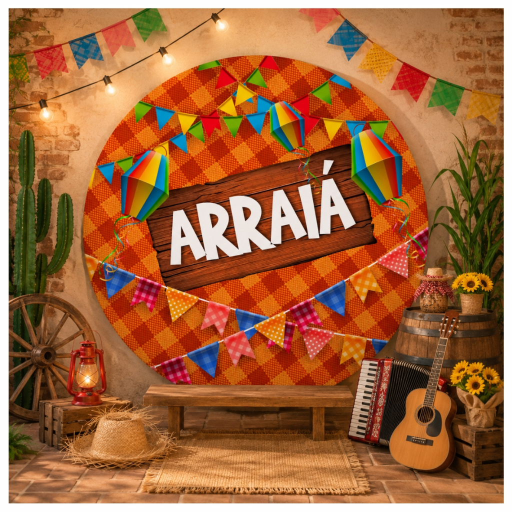 Capa de Painel de Festa em Tecido Redondo Arraiá Festa Junina Xadrez São João Bandeirinhas Elástico