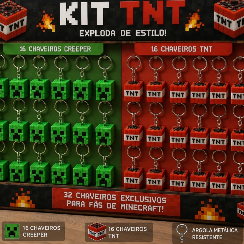 Kit 32 Chaveiros Minecraft Creeper + TNT Impressão 3D Geek Gamer