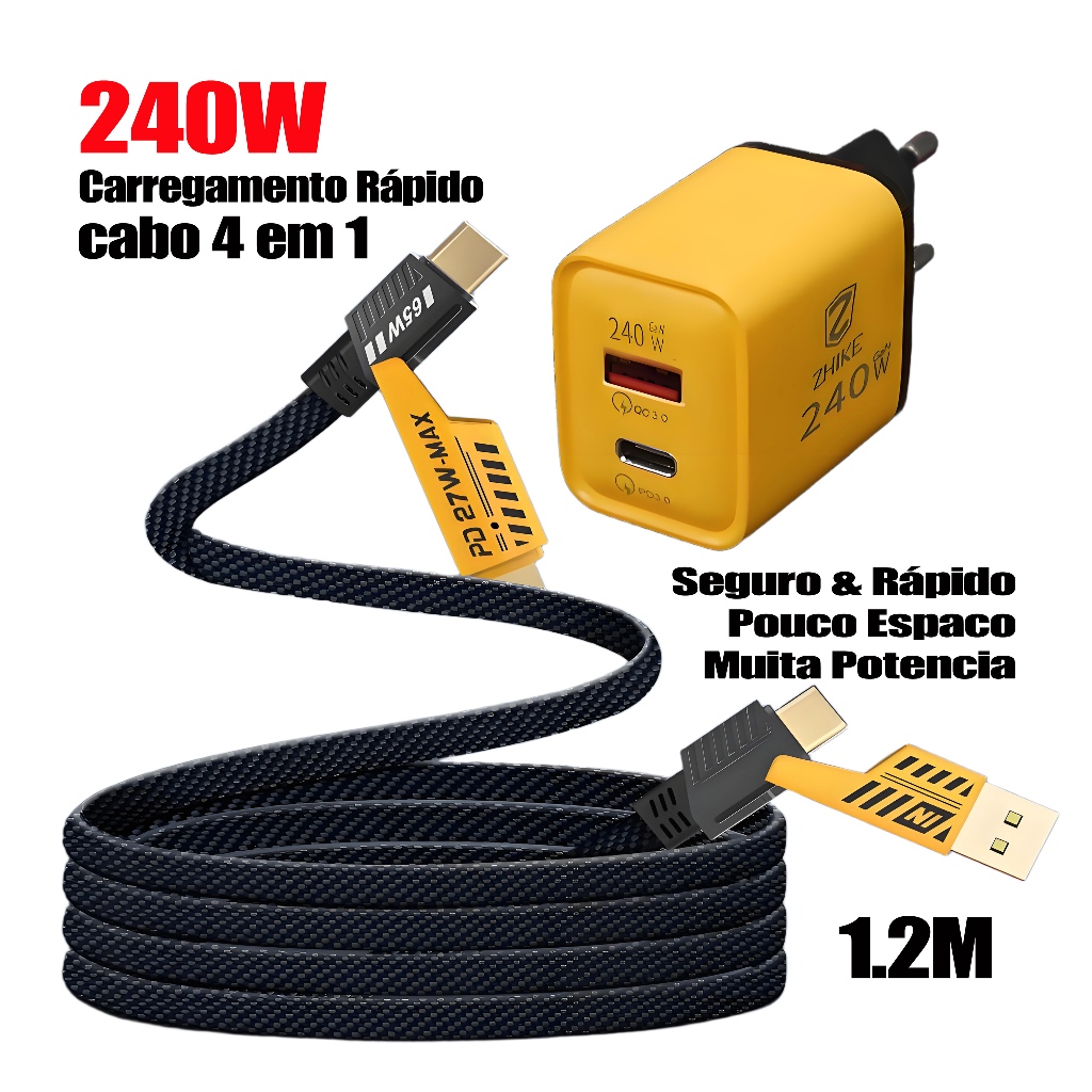 Carregador GaN 240W e Cabo 4 em 1 PD | Escolha: Cabo / Fonte / Combo | Compatível com iPhone/Samsung/Motorola