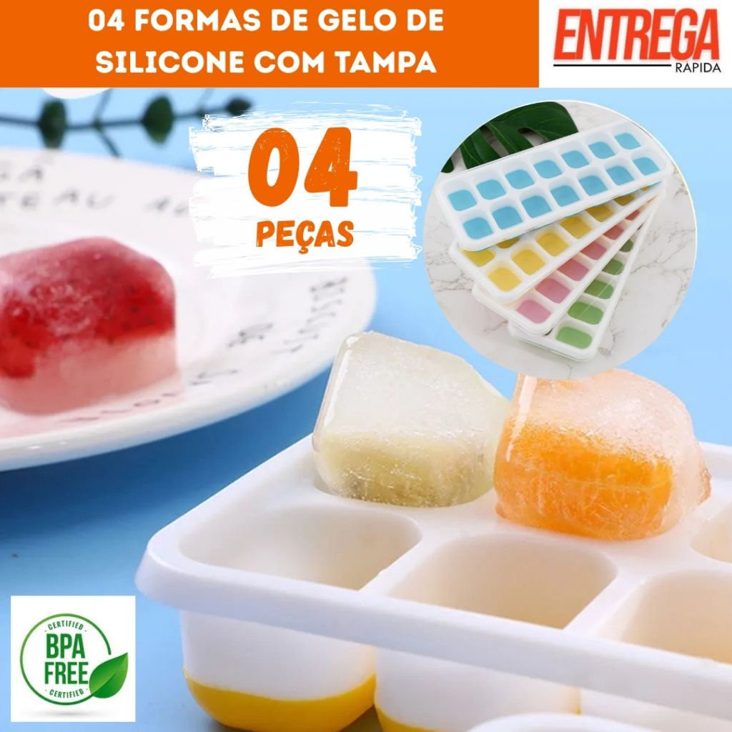 KIT CONJUNTO 04 FORMAS DE GELO FLEXÍVEL MULTIUSO COM TAMPA RÍGIDA 14 TUBOS LAVÁVEL