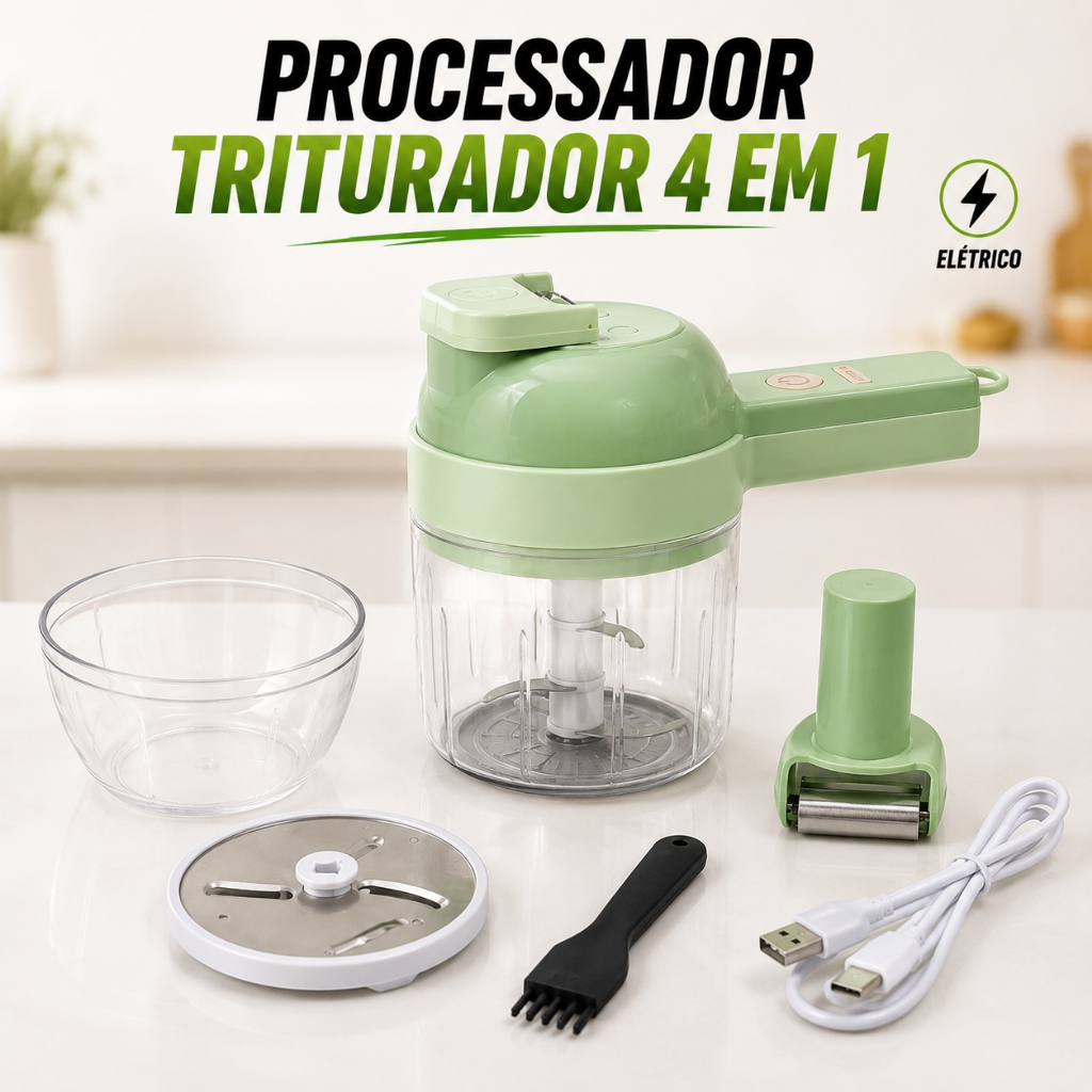 Processador Picador de Alimento Triturador Moedor Multiprocessador Elétrico Cozinha Turbo 4 em 1 Multifuncional Portátil