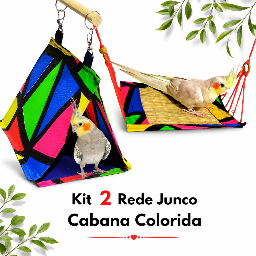 Kit 2 Brinquedos Cabana + Redinha Para Calopsita  De Gaiola Ninho Aves Periquitos Rinq Neck Agapornis Protecao Do Frio