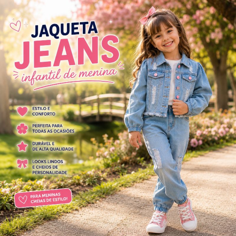 Jaqueta Jeans Infantil Feminina Destroyed Botão Rosa Manga Bufante Moda Menina 2 ao 10