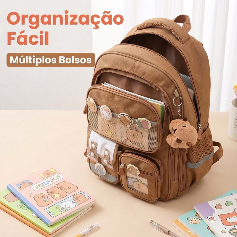Mochila Escolar Feminina Capivara Impermeável Grande Notebook Para Crianças e Adultos Volta às Aulas