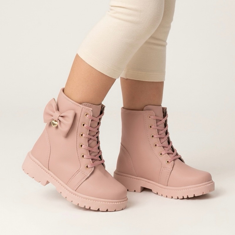 Bota Infantil Tratorada Coturno Menina Nude Laço 20 ao 34 Casual Escolar Passeio
