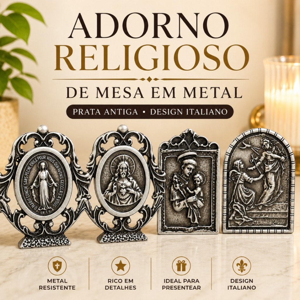 Adorno Religioso de Mesa em Metal Prata Antiga Nossa Senhora Santo Antônio Santos