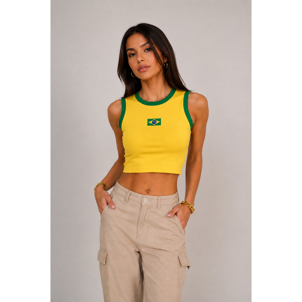 Blusa Camisa Bordada Regata Cropped Brasil Feminina Torcedora Estilo Virginia Copa do Mundo Seleção Brasileira