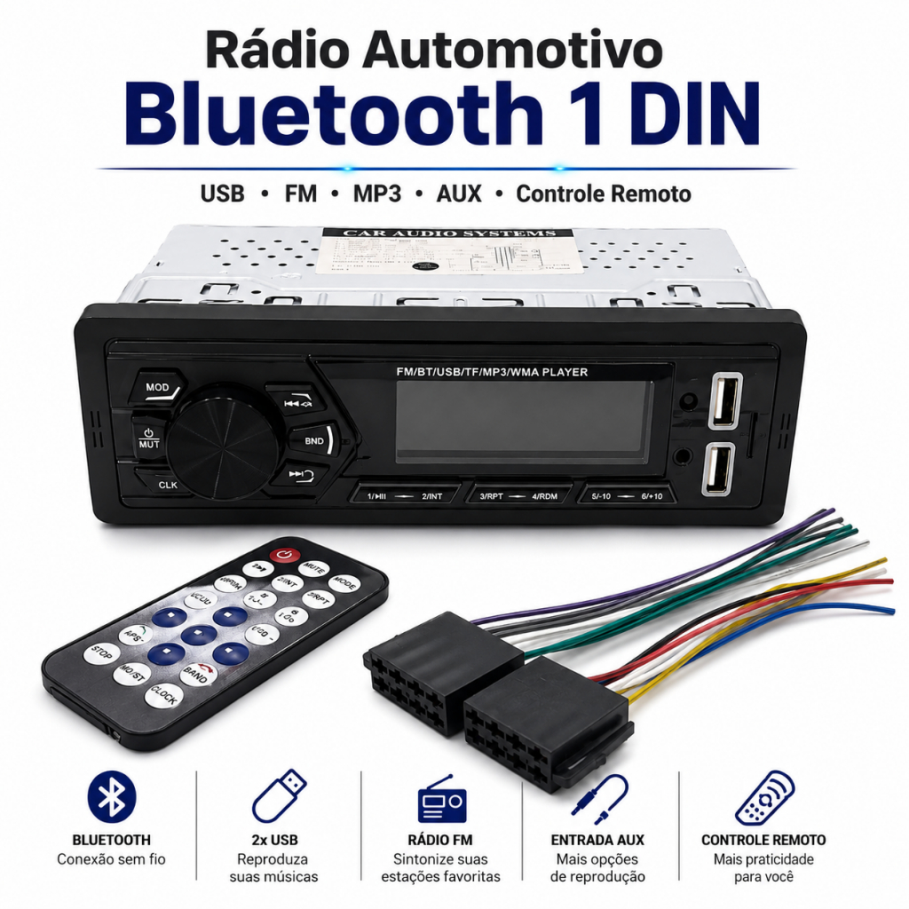 Aparelho De Som Automotivo Rádio De Carro Bluetooth Dupla USB Pendrive SD Rádio Aux In Mp3 Player Visor Led 9W ZEM