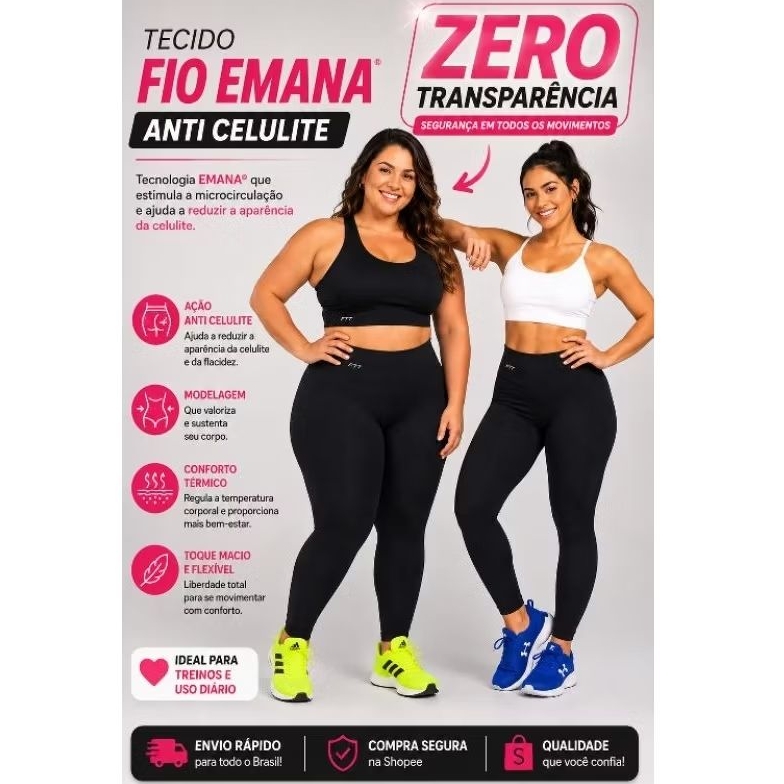 CALÇA LEGGING EMANA MODELADORA COMPRESSÃO ALTA ANTI CELULITE LIPEDEMA ZERO TRANSPARÊNCIA CINTURA ALTA