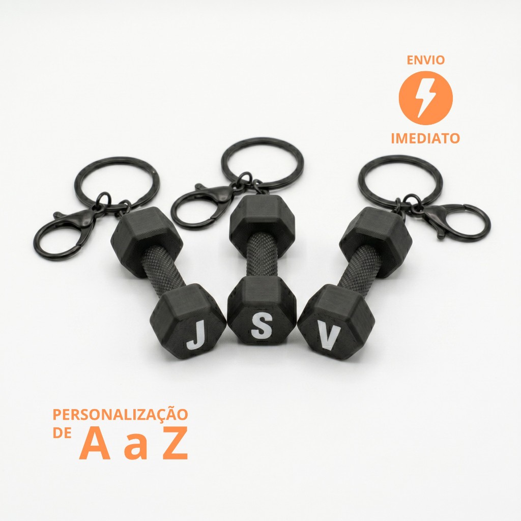 Chaveiro Dumbell Halter Personalizado Iniciais Premium com Argola Italiana 30mm Preto Fosco