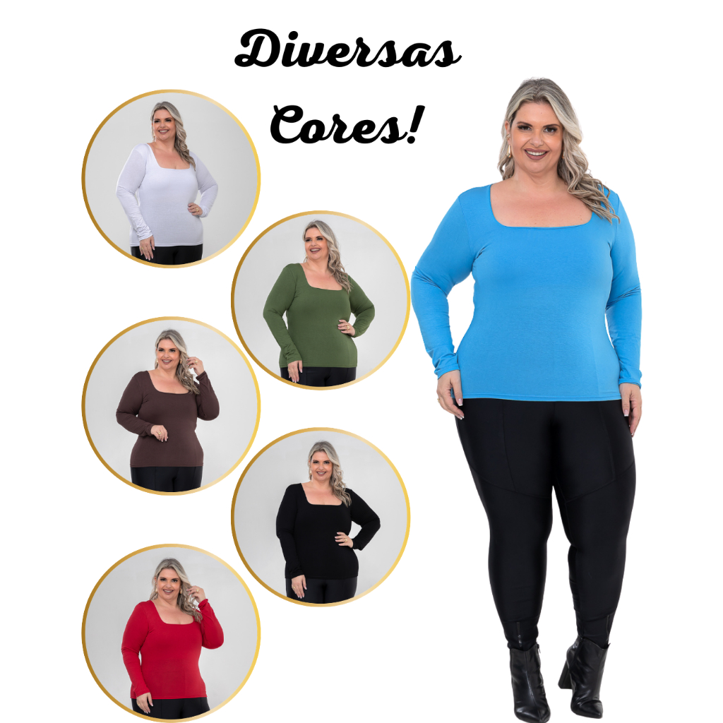 Blusa Feminina Plus Size Gola Quadrada Básica Manga Comprida Longa Caimento Perfeito