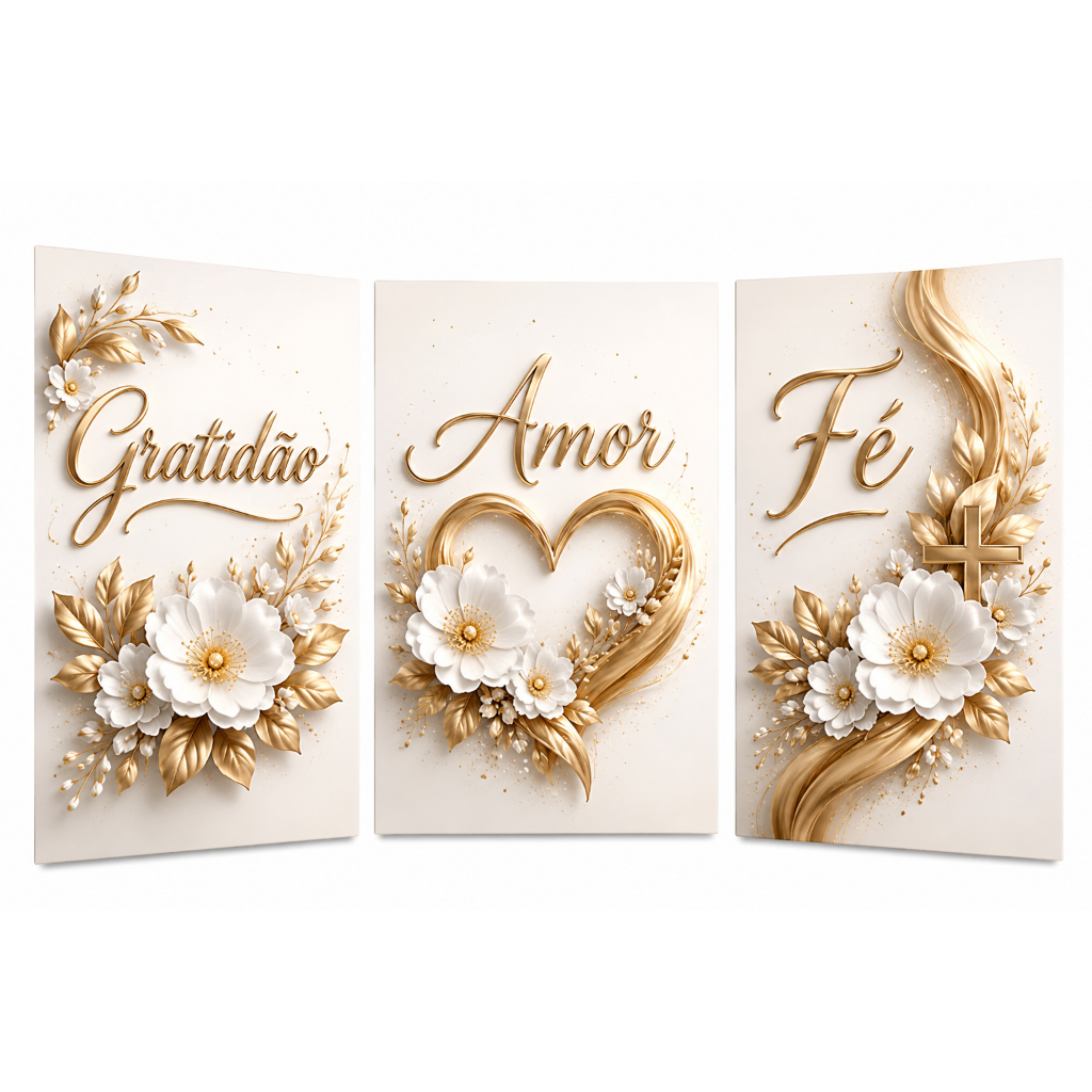 Quadros Decorativos 3 Peças Gratidão Amor e Fé Vasos De Flores Brilhantes Decoração(GALHOS GRATIDÃO)