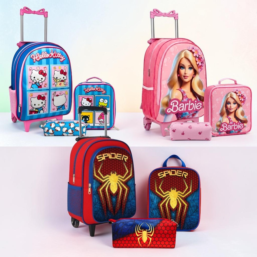 Kit Mochila Infantil Escolar Rodinha Masculina e Feminina + Estojo + Lancheira Termica Grande - Envio Imediato