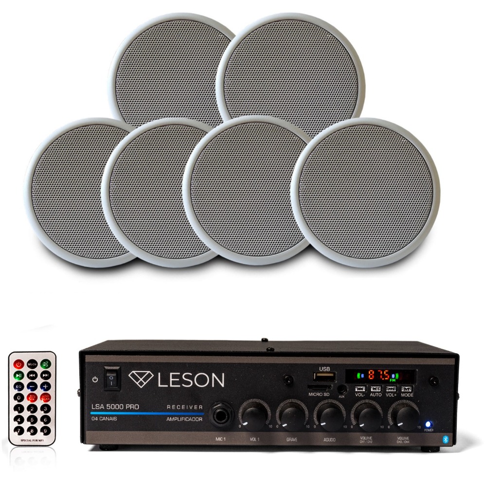 Kit Som Ambiente 6 Caixas 5pol Receiver Bt Arandela Embutir