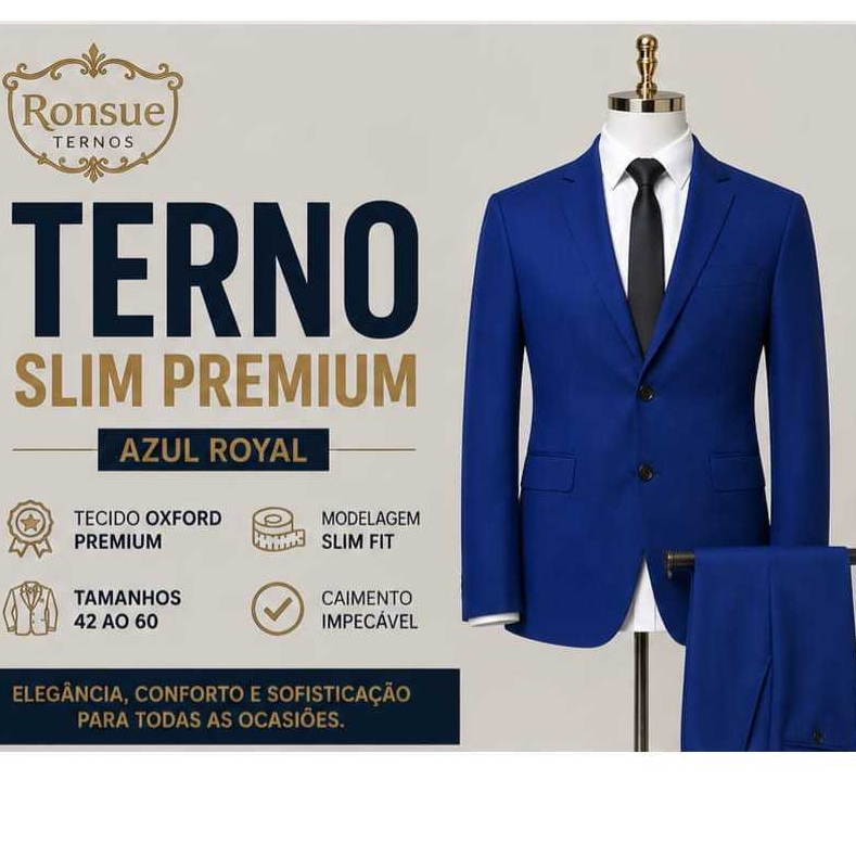 Terno Masculino Slim Oxford Corte Italiano 2 Botões Azul Royal - Paletó e Calça