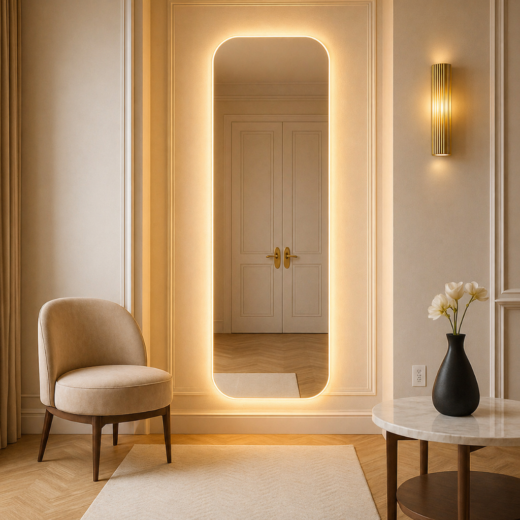 Espelho Corpo Inteiro Retrô 160x55cm com LED Amarelo Retangular Moldura Cantos Arredondados Sala Quarto Closet Escritóri