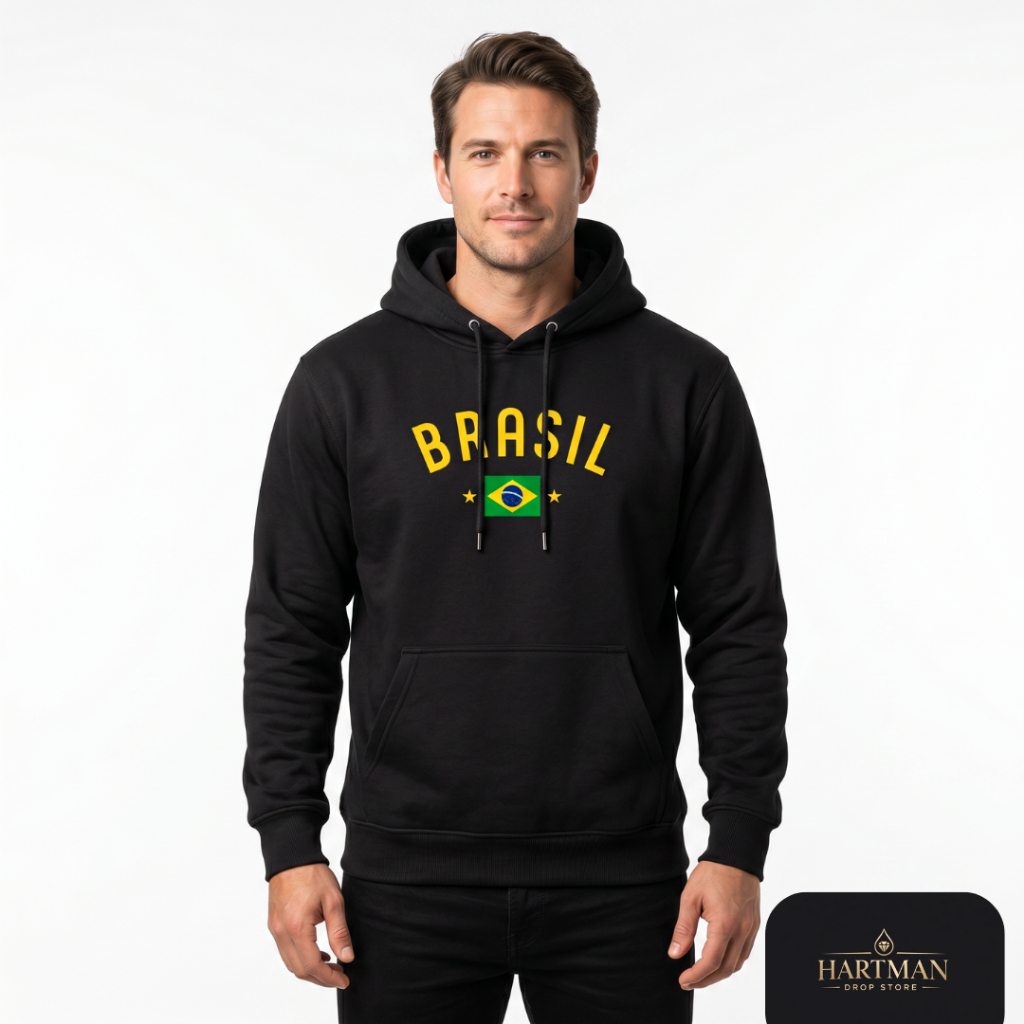 Moletom Masculino Brasil Canguru Flanelado Preto Branco Blusa de Frio - Copa do Mundo Bandeira …