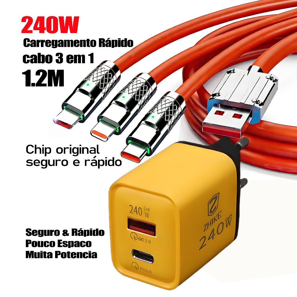 Cabo 3 em 1 Carregamento Rápido, 1.2M – Para iPhone 11-15, Samsung, Motorola, Xiaomi (Laranja/Preto/Azul)