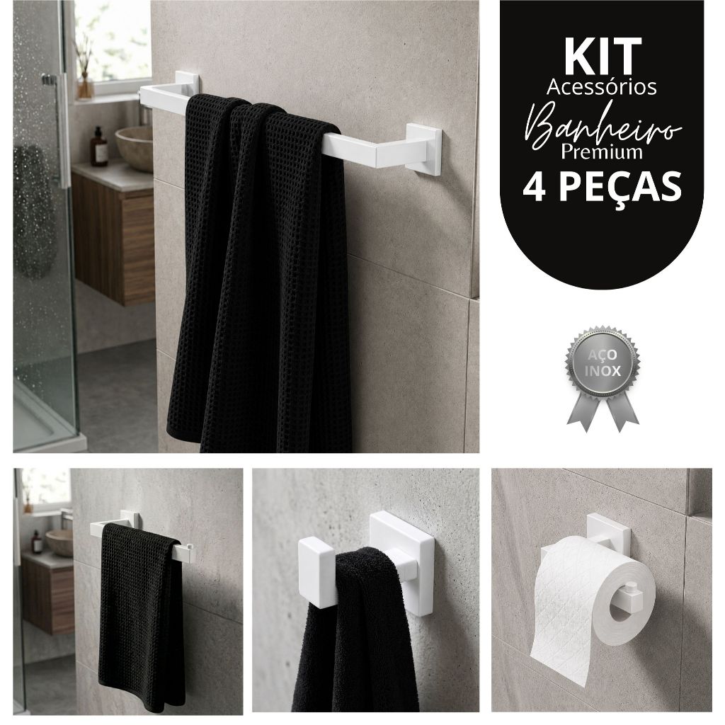 Kit Acessórios Banheiro 4 Peças Aço Inox 304 Branco – Toalheiro, Papeleira, Gancho, Porta Toalha