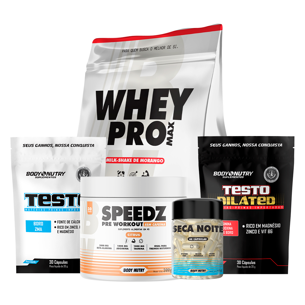 Kit Whey Protein + Pré Treino SpeedZ + Testo + Seca Noite Body Nutry | Força, Energia e Definição