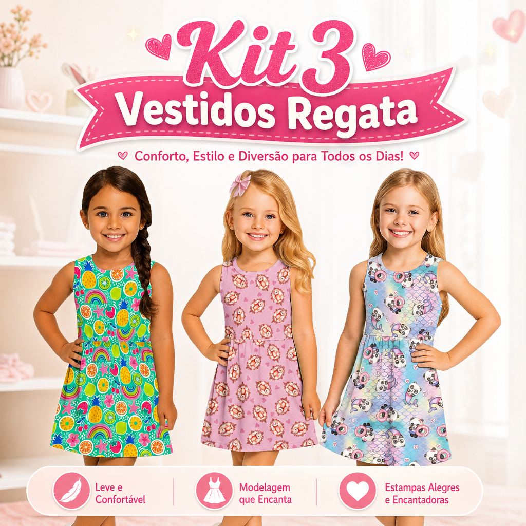 Kit 3 Vestidos Regata Infantil Feminino Estampado Casual Atacado Varejo